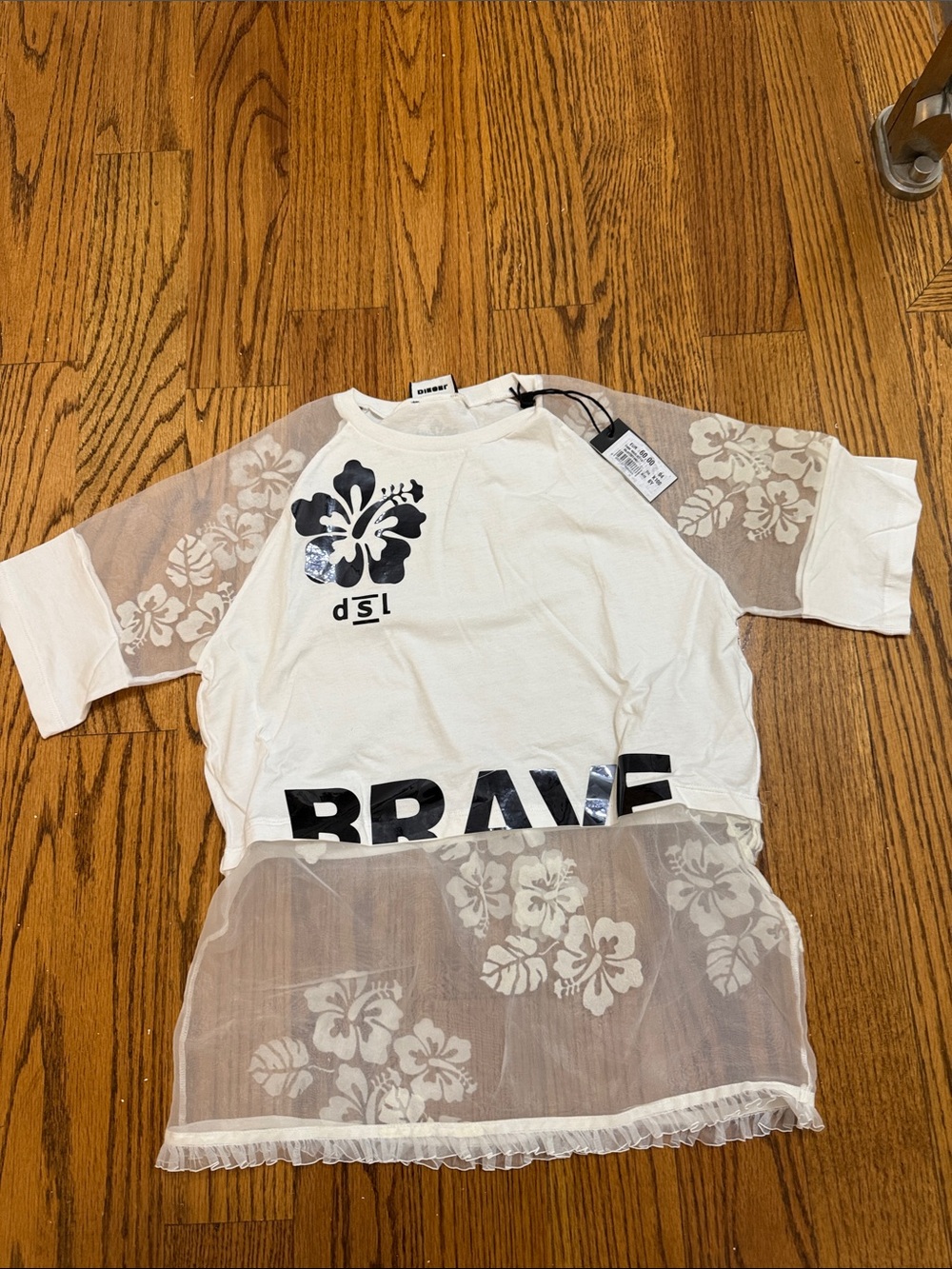 Diesel White Mesh Sleeve 'BRAVE' Graphic Tee